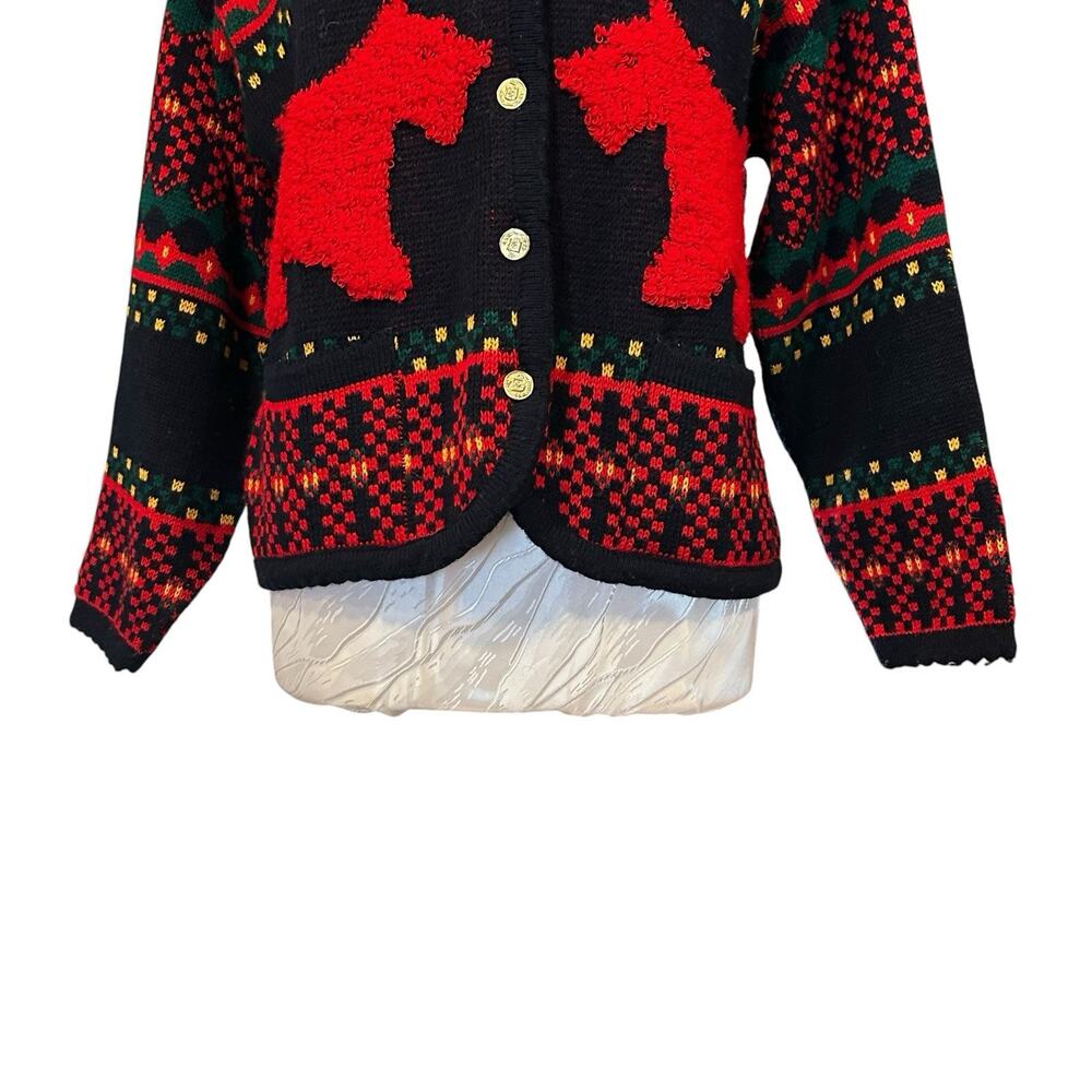 Vintage 80s Dog Fair Isle Cardigan Navy Red Gold Buttons Novelty Knit L - Picture 10 of 14